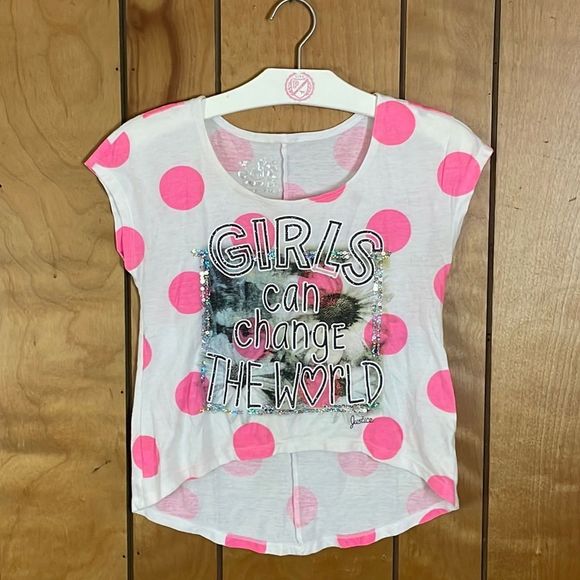 •JUSTICE• WHITE/HOT PINK HIGH/LOW T-SHIRT “GIRLS CAN CHANGE THE W❤️RLD” size 10 - Picture 2 of 5